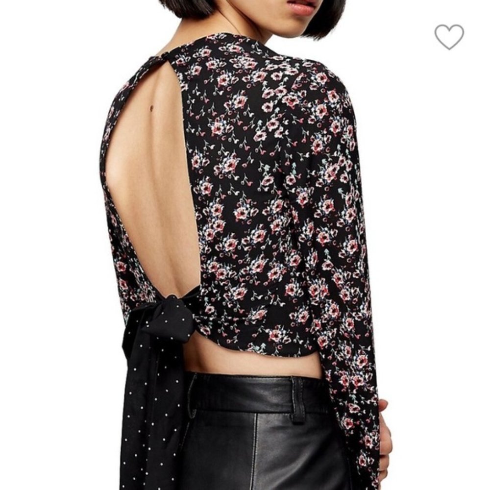 Topshop Open Tie Back Long Sleeve Crop Blouse In Black Floral Size 6 EUC Boho